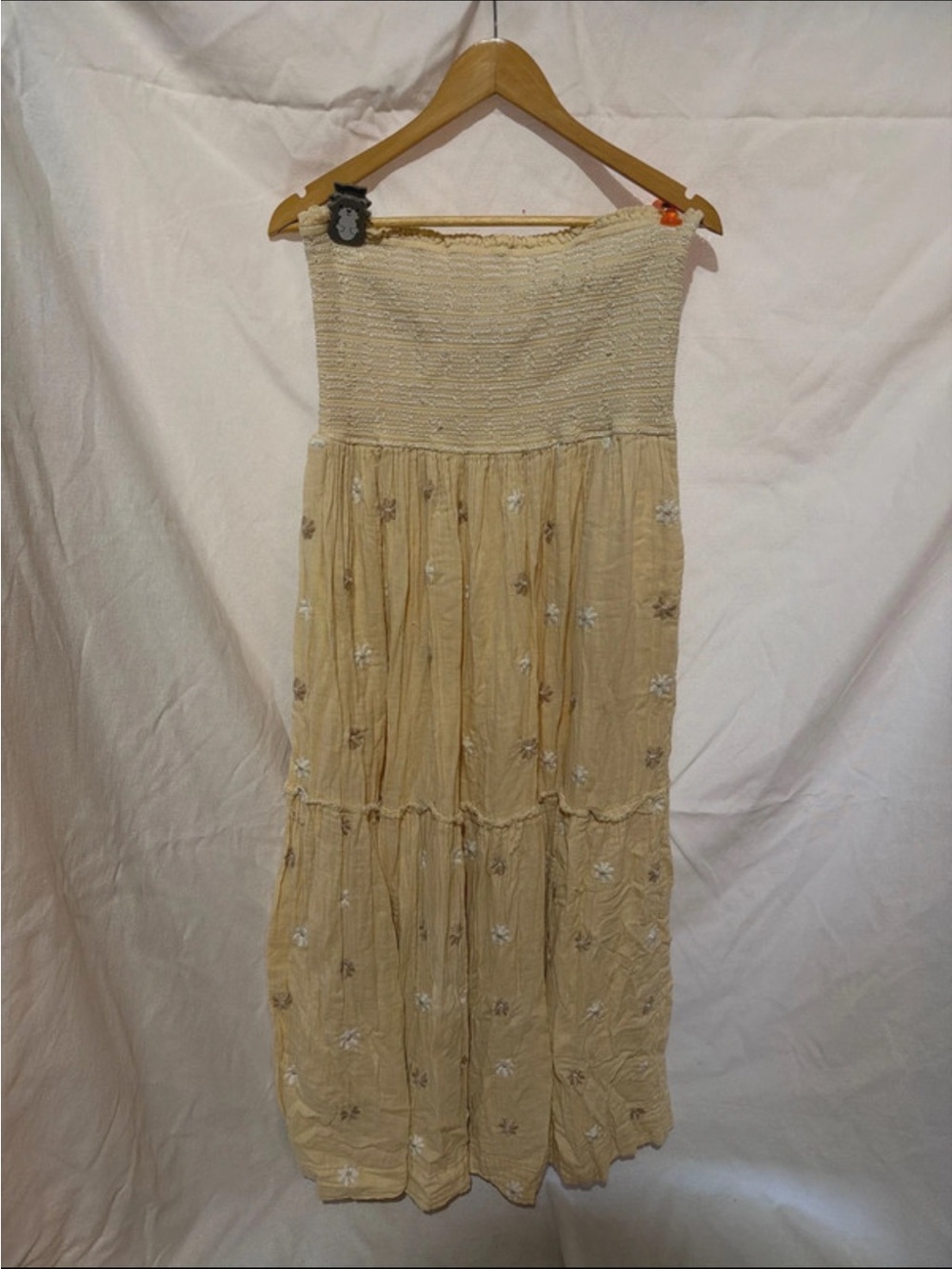 Free People Dahlia Strapless Smocked Maxi Dress Beige w Floral Embroidery L